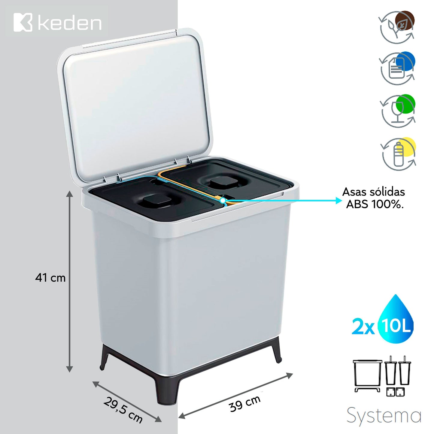 Sistema Clasificador De Reciclaje 2x10l Color Blanco Keden_1
