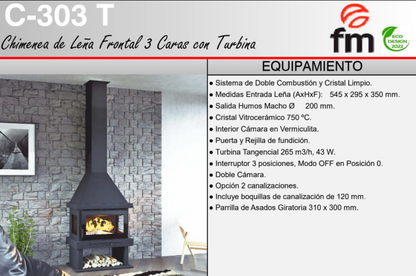 BRICOSOL Chimenea de leña frontal a 3 caras FM Modelo C-303 Sin Turbina, Vermiculita_2