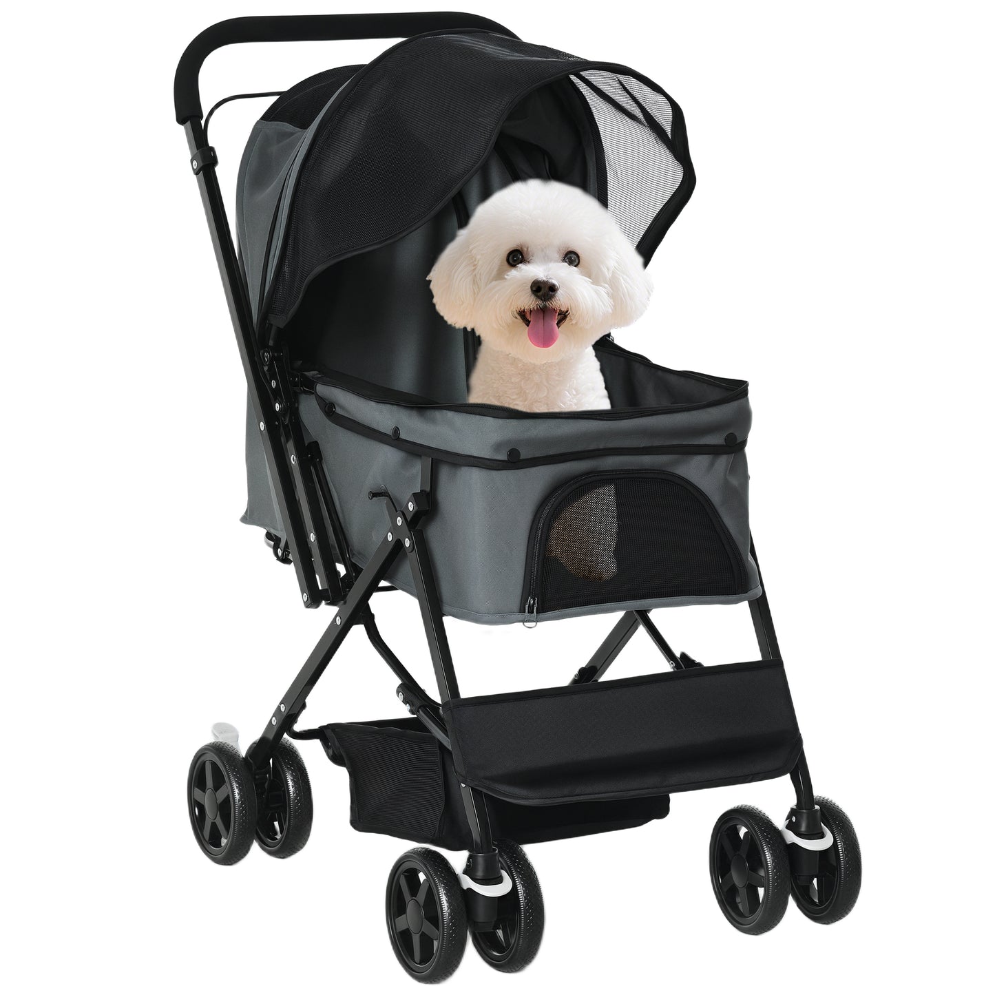 Pawhut Cochecito Para Mascotas Plegable Con Toldo Ajustable 76,5x52x95 Cm Gris_0
