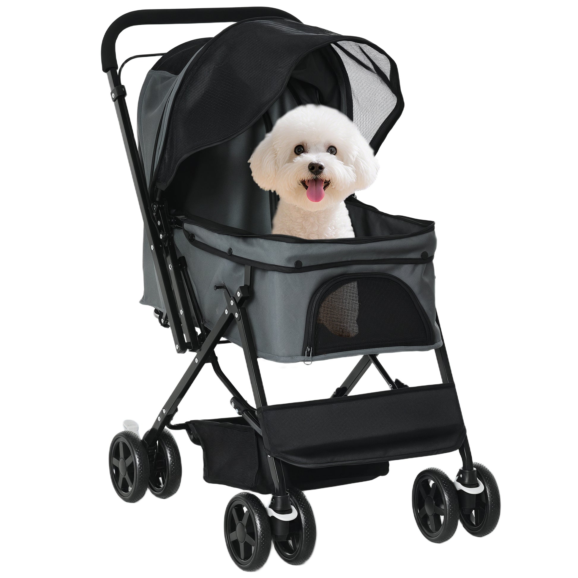 Pawhut Cochecito Para Mascotas Plegable Con Toldo Ajustable 76,5x52x95 Cm Gris_0