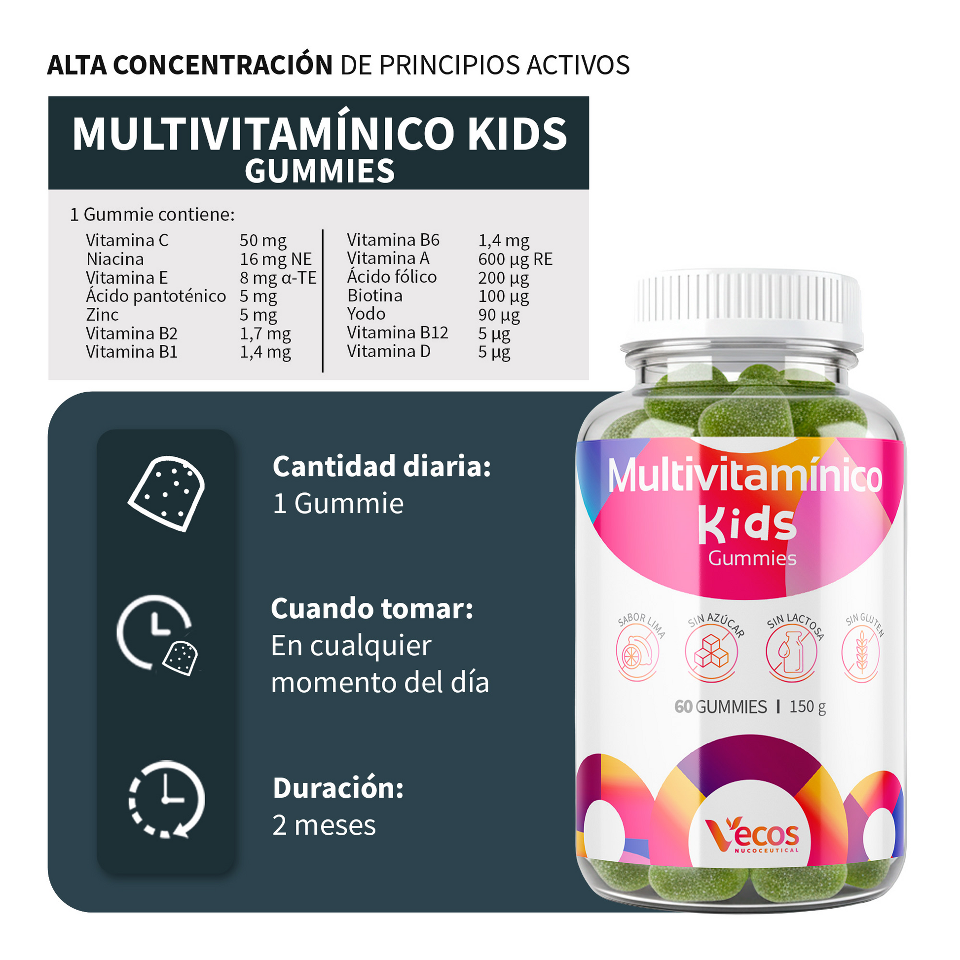 Multivitamínico Infantil Vecos 60 Gummies | Defensas Y Crecimiento | Vitaminas A, C, D + B_2