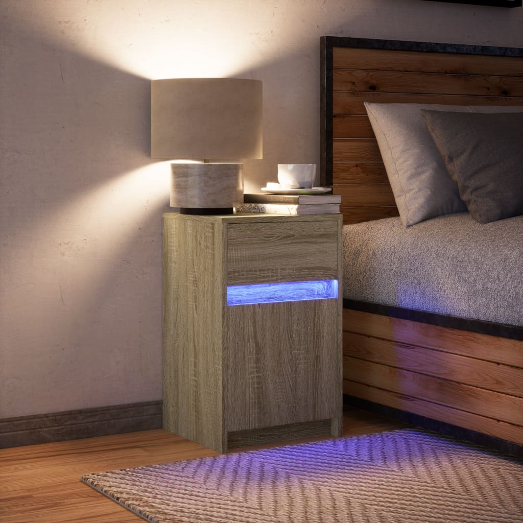 Mesita De Noche Con Luces Led Madera De Ingeniería Roble Sonoma_2