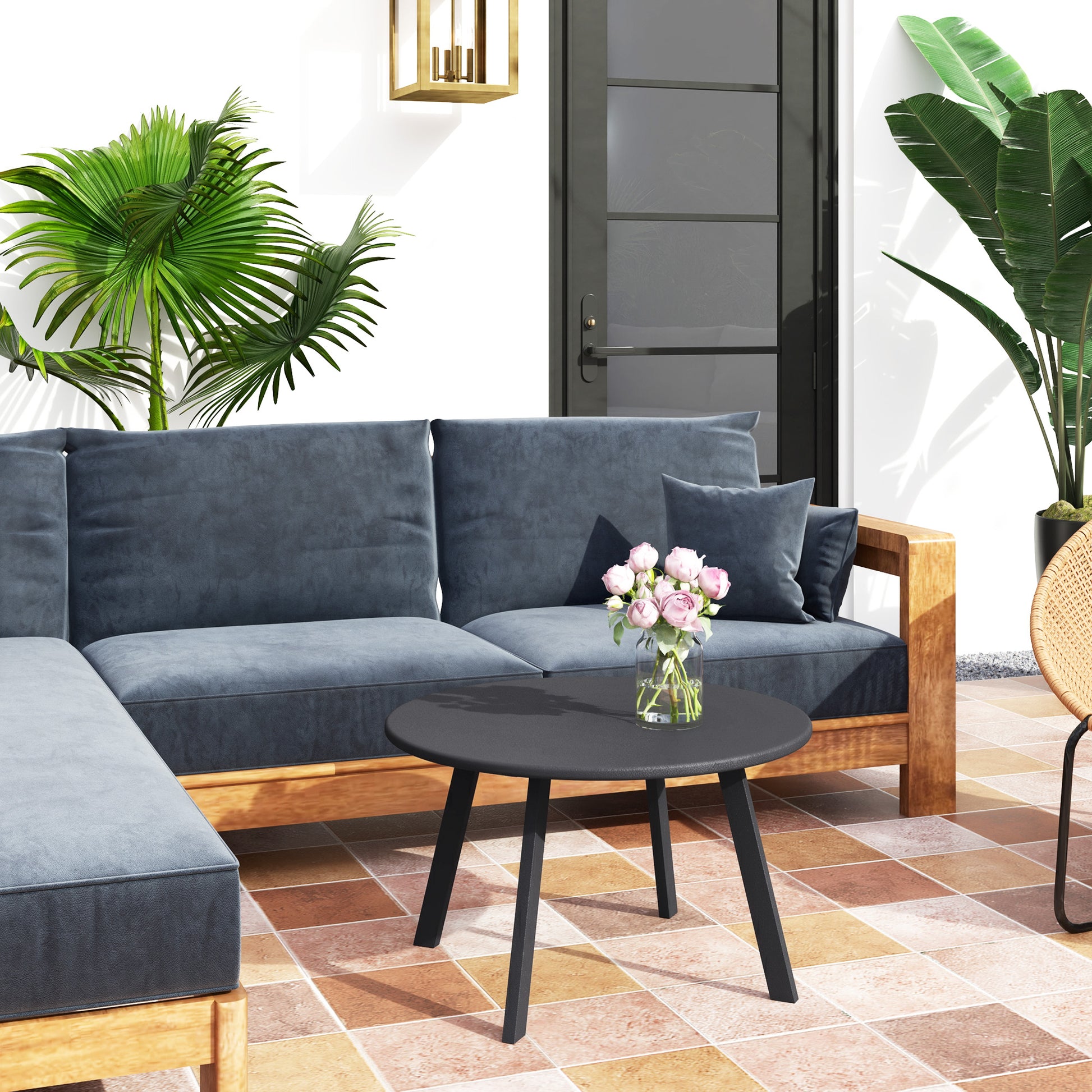 Outsunny Mesa De Centro Redonda De Metal Con Bordes Redondeados Ø70x42 Cm Gris_1