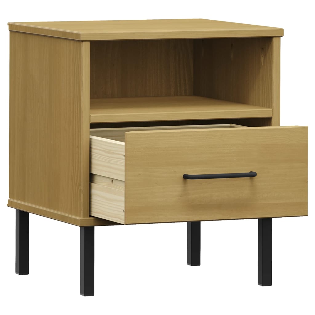 Mesita De Noche Patas De Metal Madera Maciza Pino Marrón Oslo_3