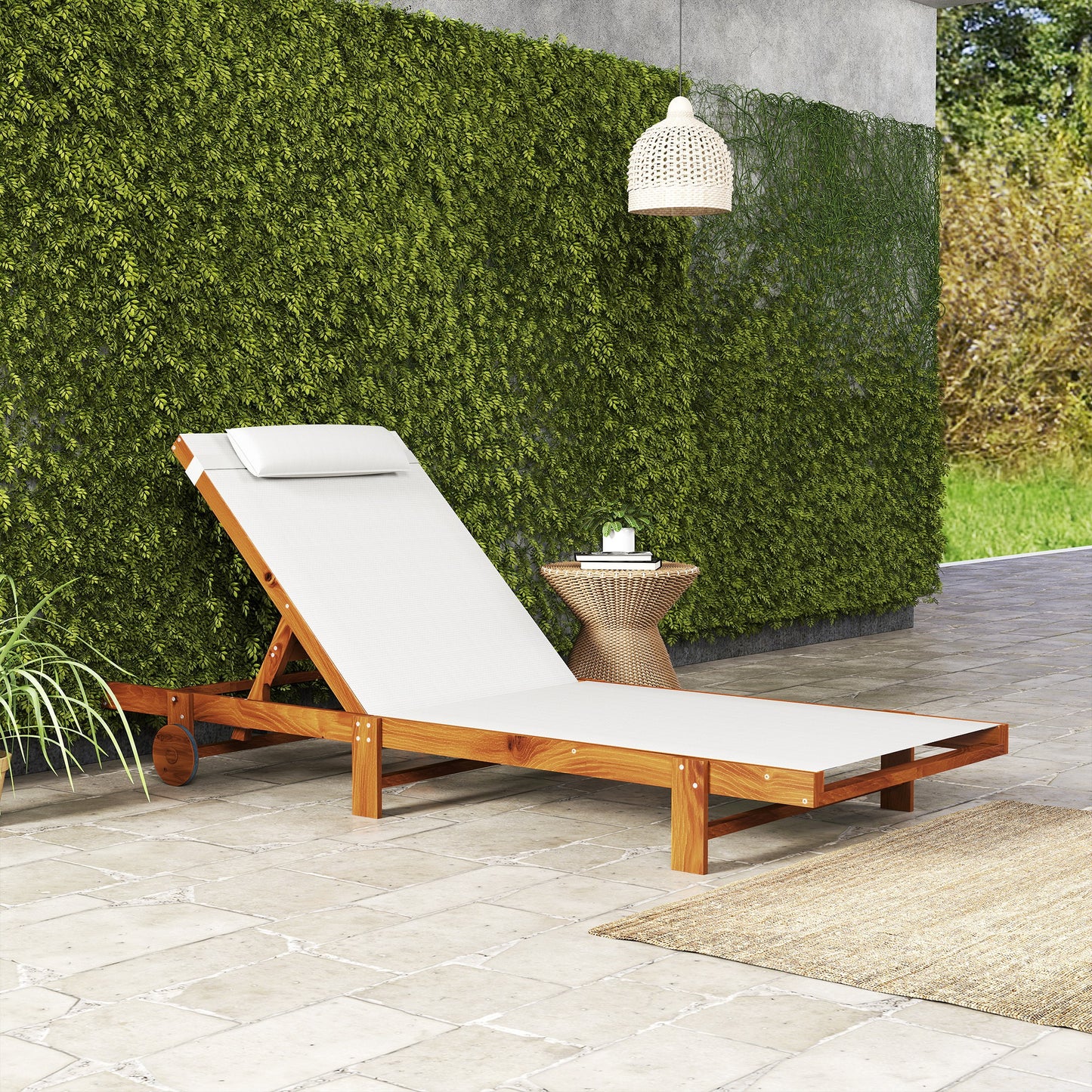 Outsunny Tumbona Reclinable De Madera Con Ruedas Respaldo Ajustable Blanca_4