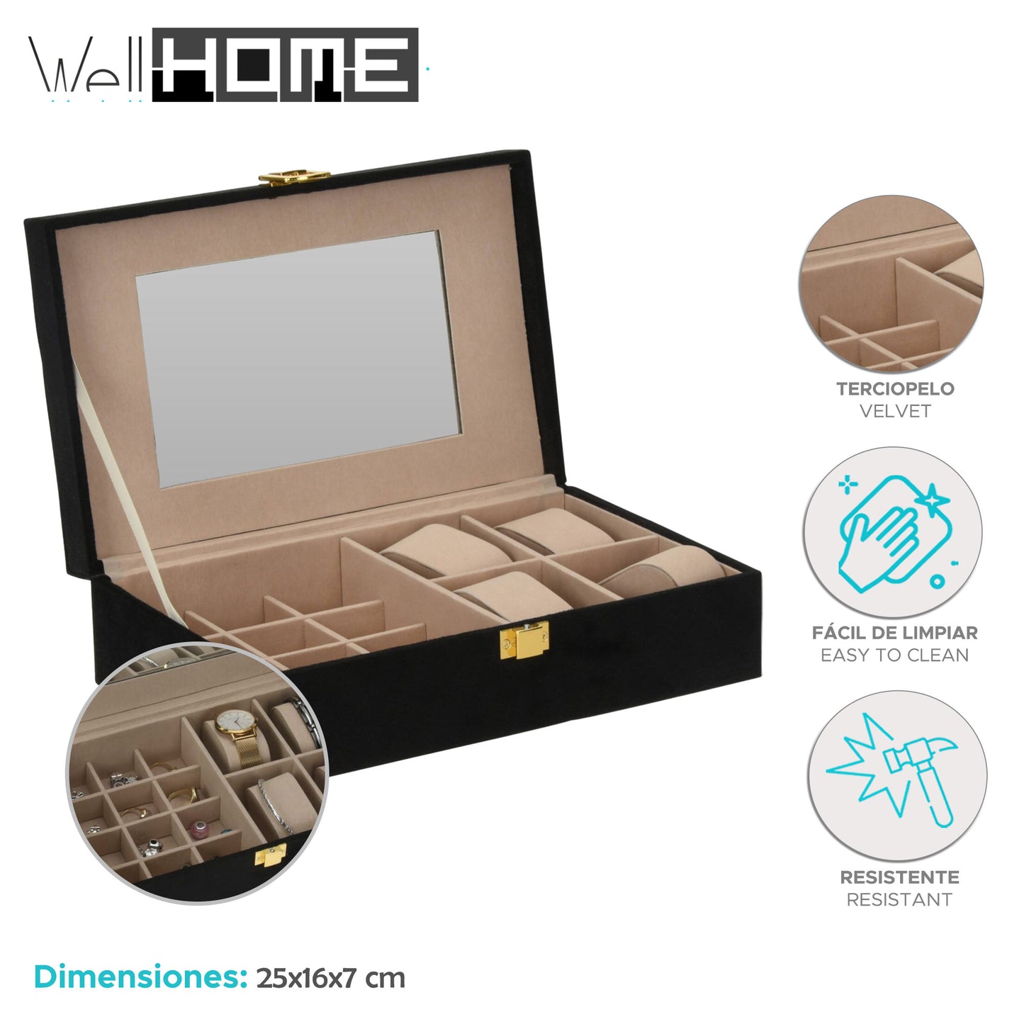 Well Home Caja Joyero Con Espejo Color Negro 25x16x7cm