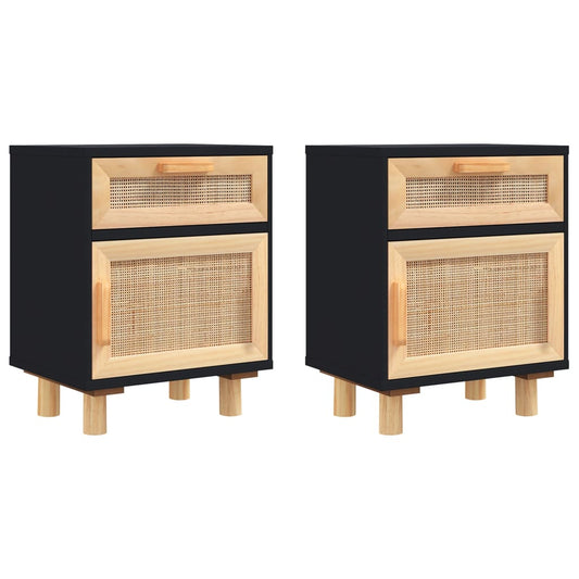 Mesitas De Noche 2 Uds Madera Maciza Pino Negro Ratán Natural_0