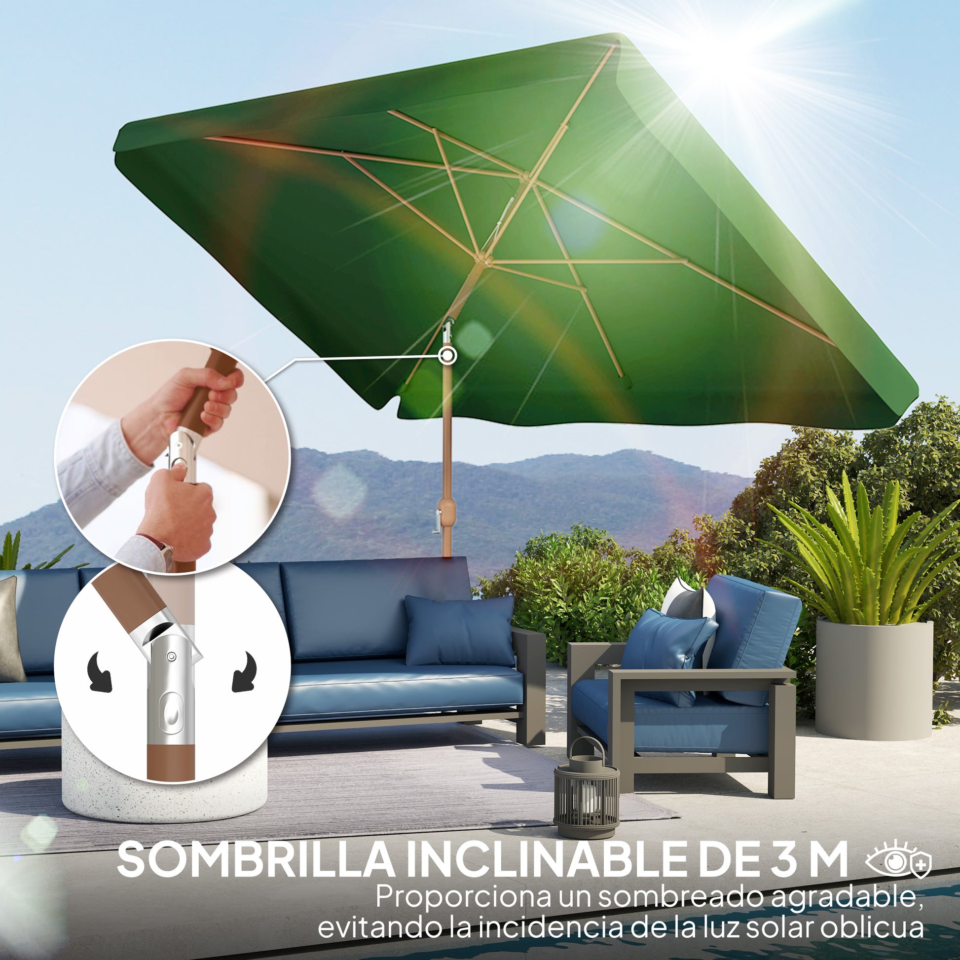 Outsunny Sombrilla De Terraza Exterior 300x200 Cm Con Ángulo Ajustable Verde_3