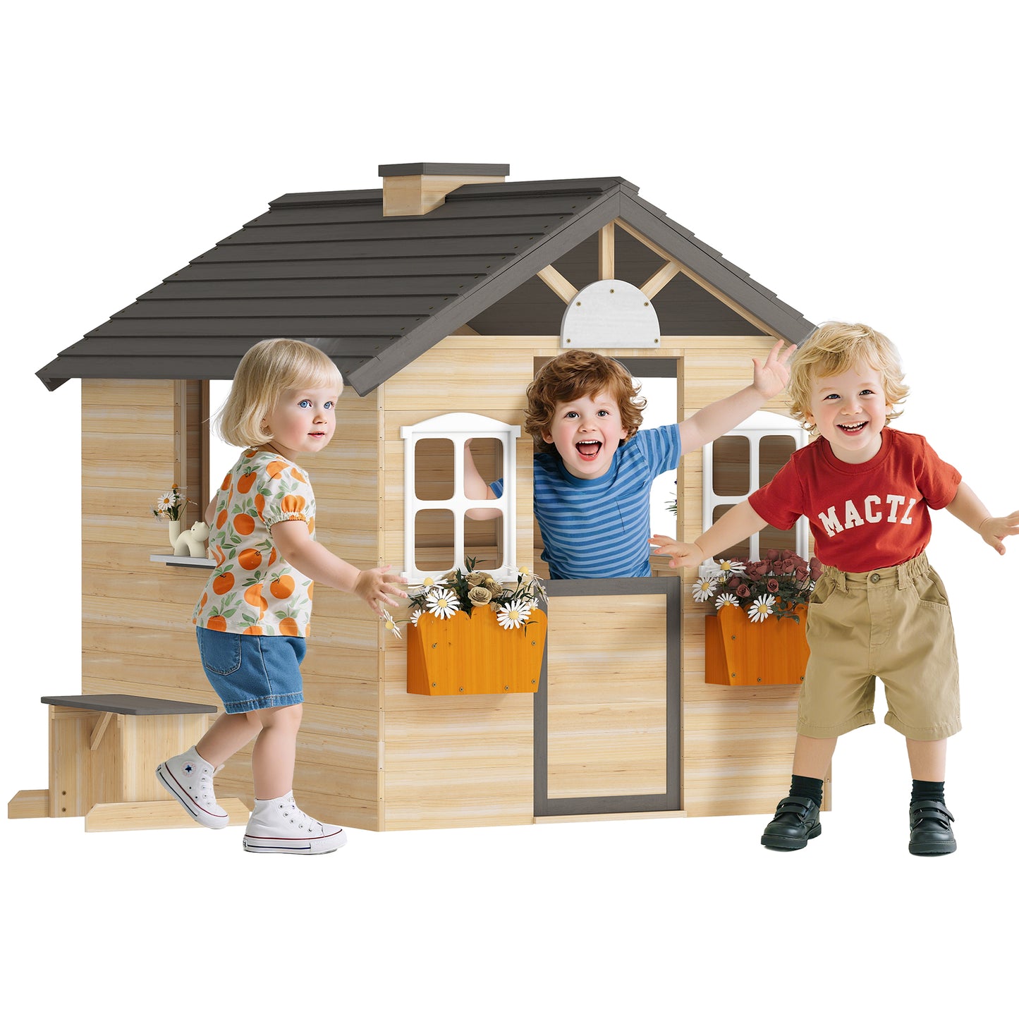 Outsunny Casa De Jardín Infantil De Madera Con Ventanas 113x94x134,5 Cm Natural_0