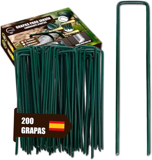 GREEN GOF 200 Grapas Verdes Para Cesped Artificial, Malla Antihierba Y Jardin. Acero Galvanizado, 15x4cm, Ø3mm._0
