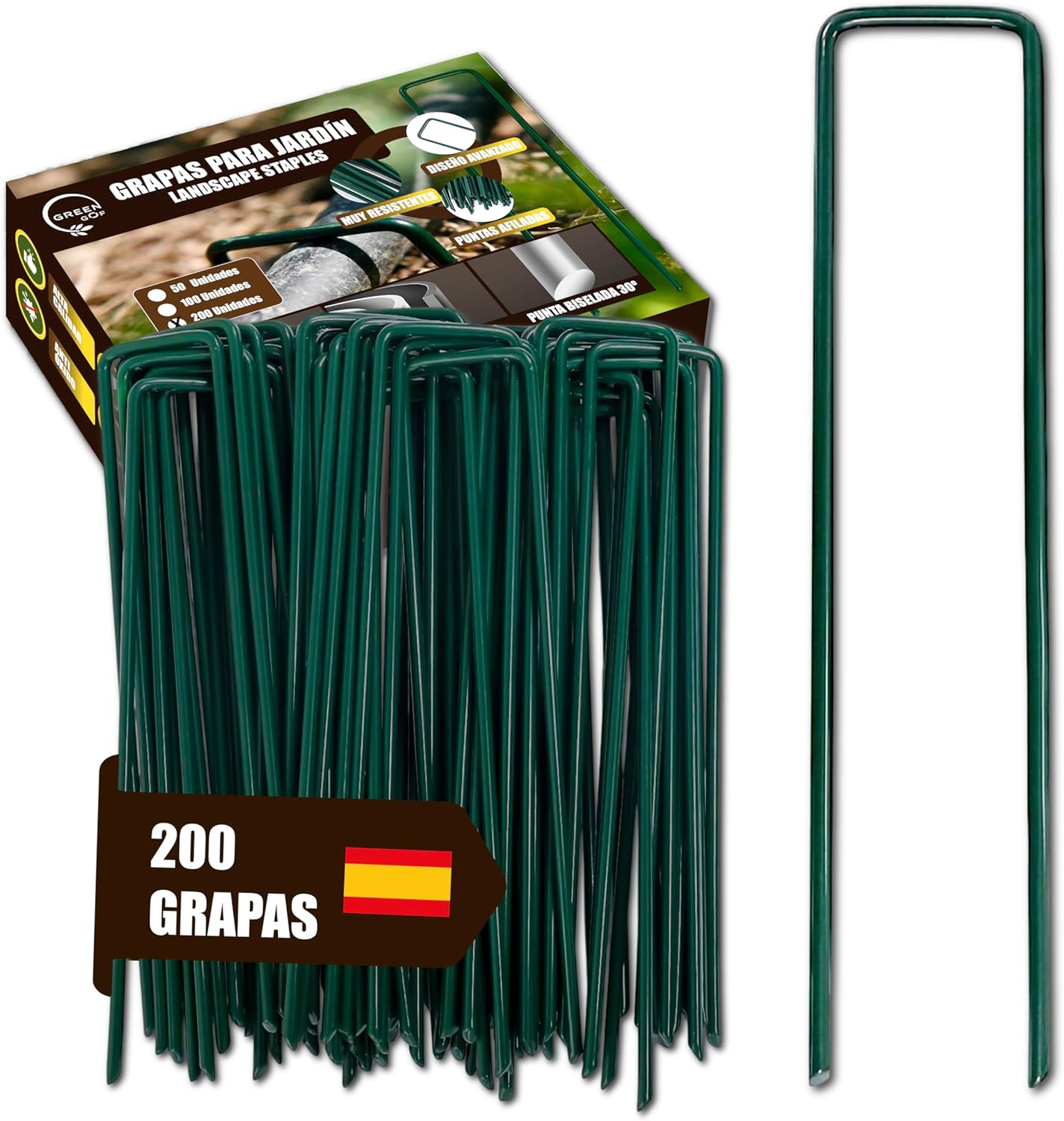 GREEN GOF Grapas Verdes Para Cesped Artificial, Malla Antihierba Y Jardin, 200unds. Acero Galvanizado, 15x4cm, Ø3mm._0