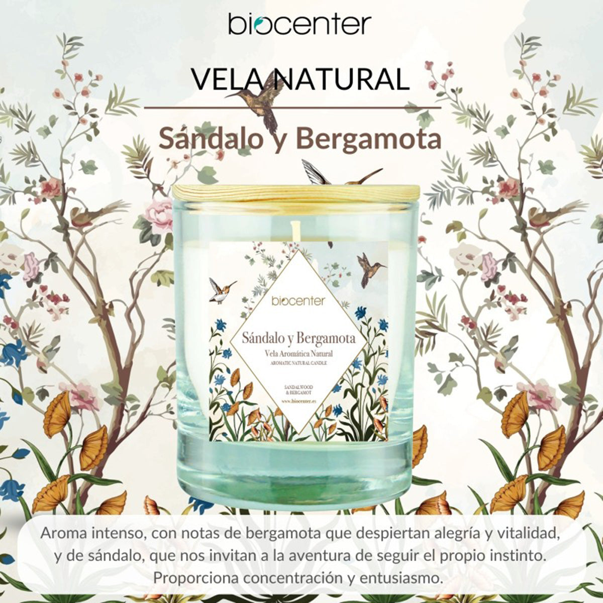 Vela natural Sándalo Bergamota - cera vegetal y aceites esenciales, 200 gr