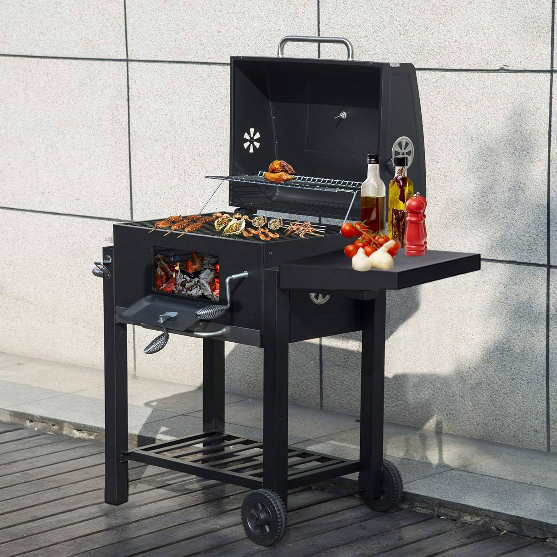Well Home - Barbacoa Carbón Negra Con Doble Parrilla Y Mesa Auxiliar H.96cm