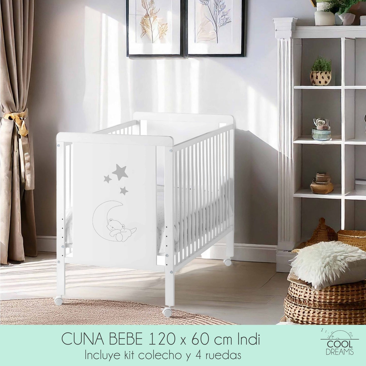 Cuna De Bebé Indi Estilo Nórdico Infantil 120x60cm Blanca Y De Madera De Haya, 5 Alturas De Somier Y 4 Ruedas Con Freno_3