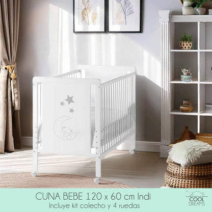 Cuna De Bebé Indi Estilo Nórdico Infantil 120x60cm Blanca Y De Madera De Haya, 5 Alturas De Somier Y 4 Ruedas Con Freno_3