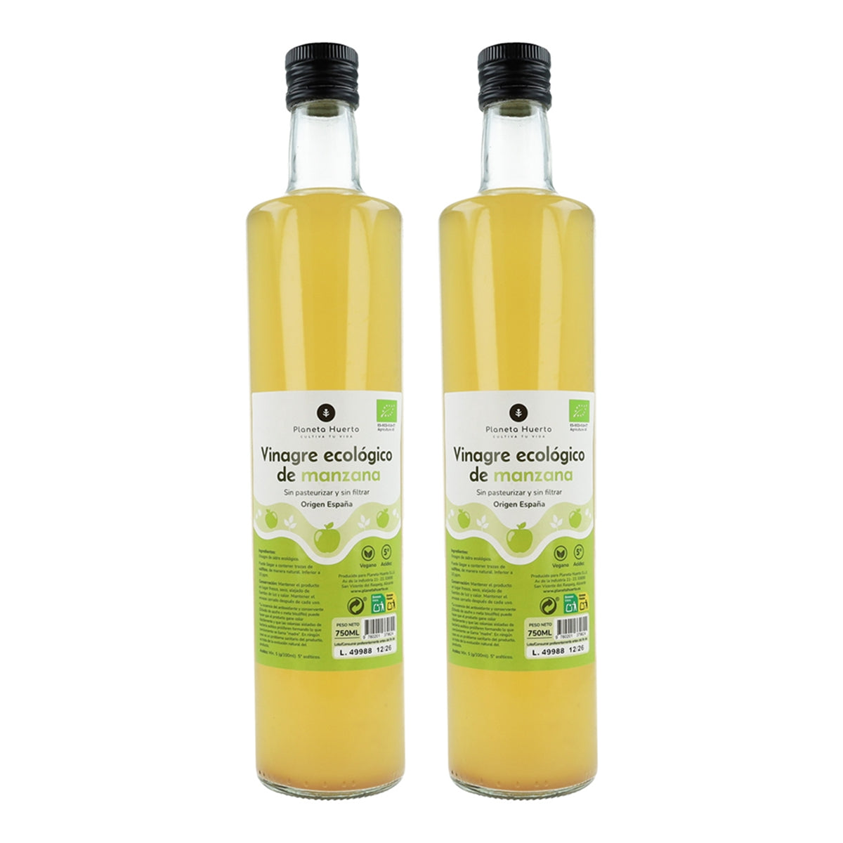 Pack 2x Vinagre de manzana ECO sin filtrar Planeta Huerto 750 ml