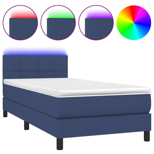 Cama Box Spring Colchón Y Luces Led Tela Azul 90x200 Cm / Vetonek_0