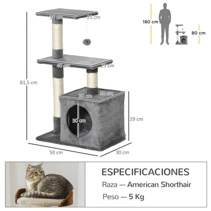 Pawhut Árbol Rascador Para Gatos Con Postes Plataformas Caja Bola Colgante Gris_2