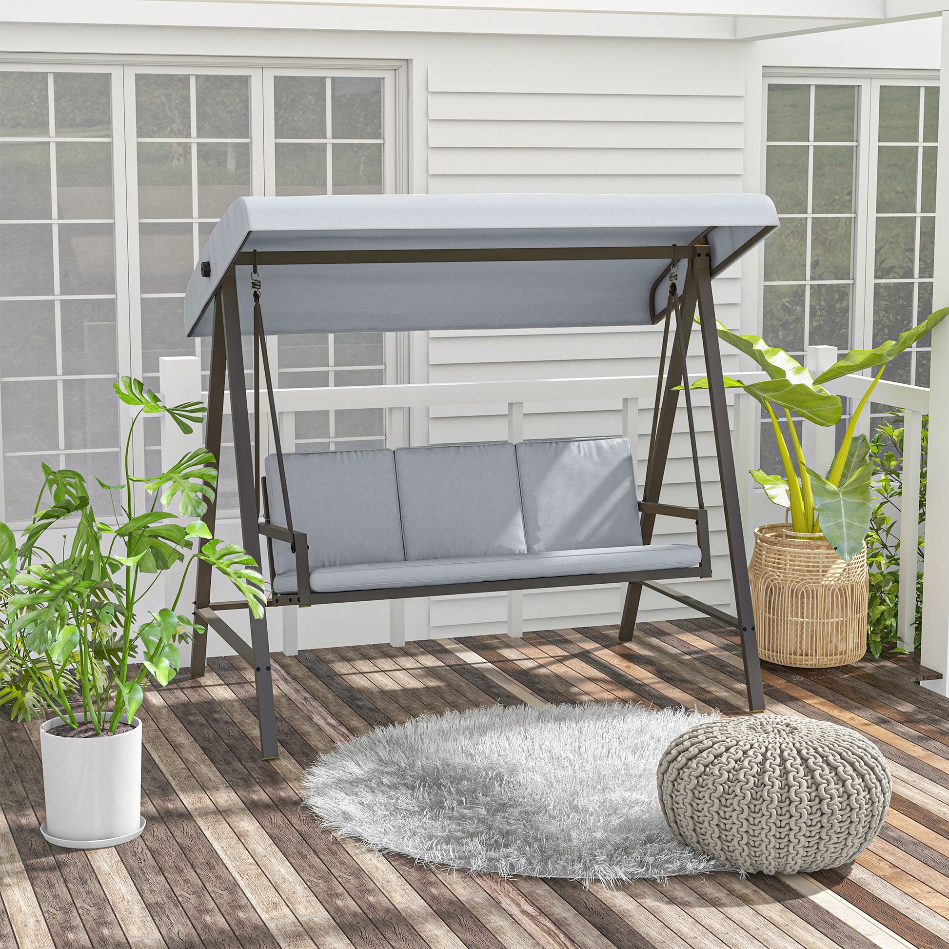 Outsunny Columpio De Jardín De 3 Plazas Con Toldo Ajustable 200x125x175 Cm Gris_1