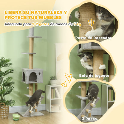 Pawhut Árbol Para Gatos De Suelo A Techo De 225-255 Cm Con Escalera Gris Claro_5