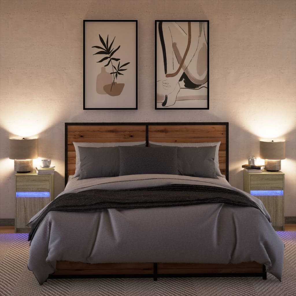 Mesitas De Noche Luces Led 2 Uds Madera Ingeniería Roble Sonoma_2