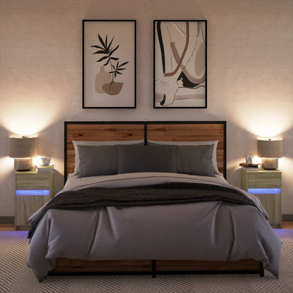 Mesitas De Noche Luces Led 2 Uds Madera Ingeniería Roble Sonoma_2
