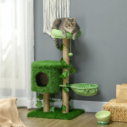Pawhut Árbol Rascador Para Gatos 91cm Con Caseta Hamaca Poste De Yute Bola Verde_1
