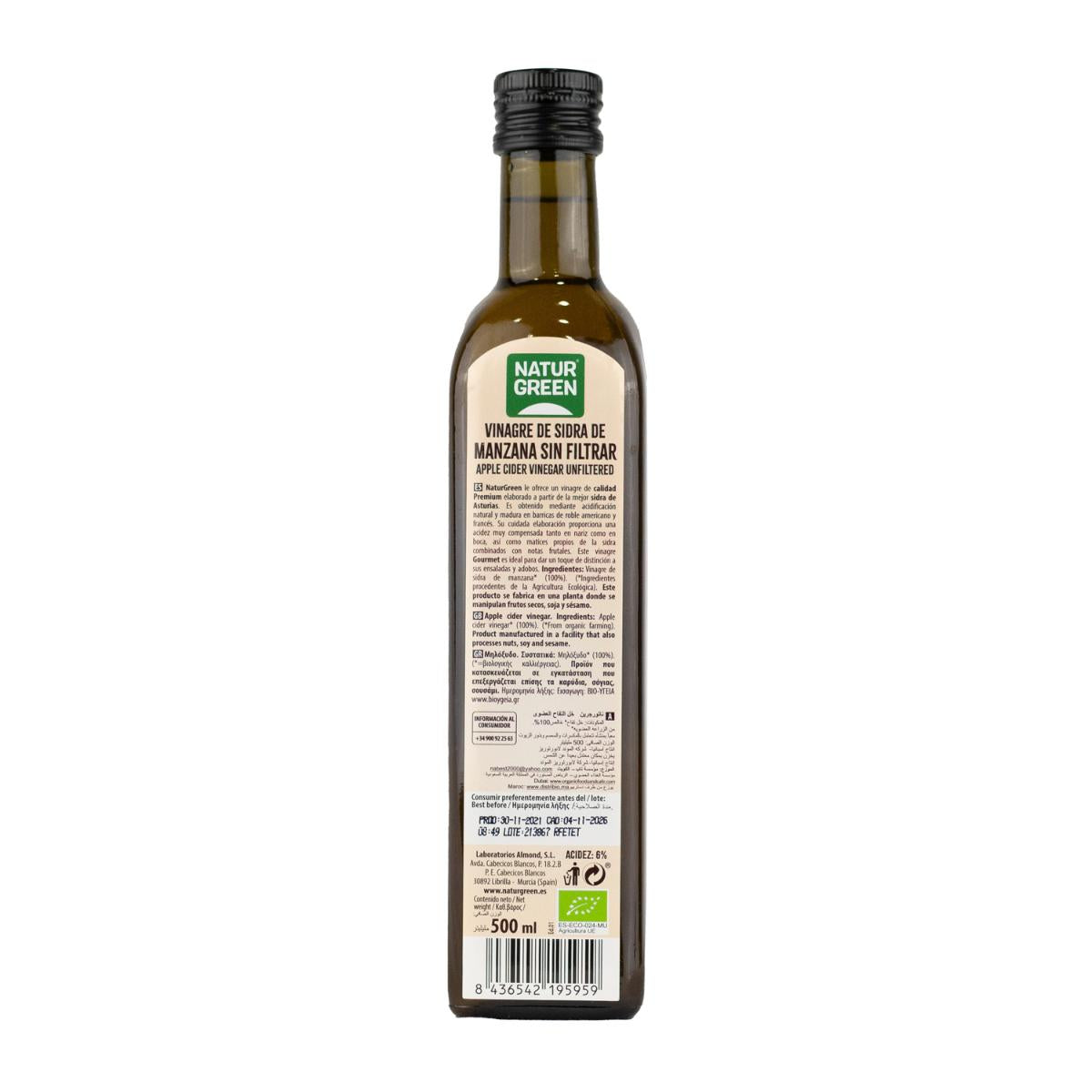 Vinagre de Sidra de Manzana Bio sin filtrar NaturGreen 500 ml