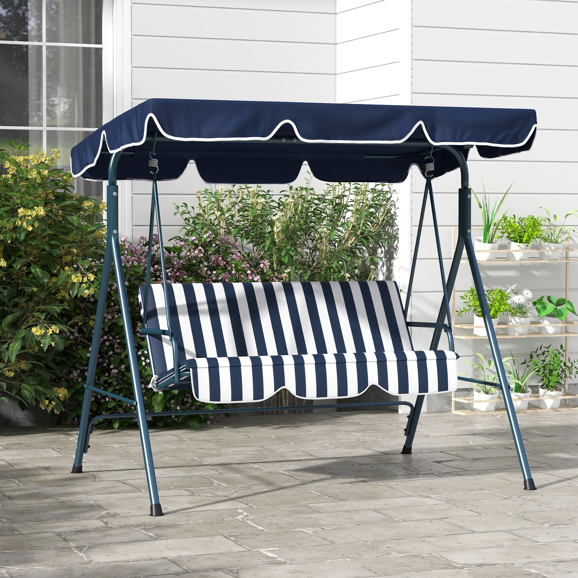 Outsunny Columpio Balancín De Jardín Exterior 3 Plazas 172x110x153 Cm Raya Azul_1