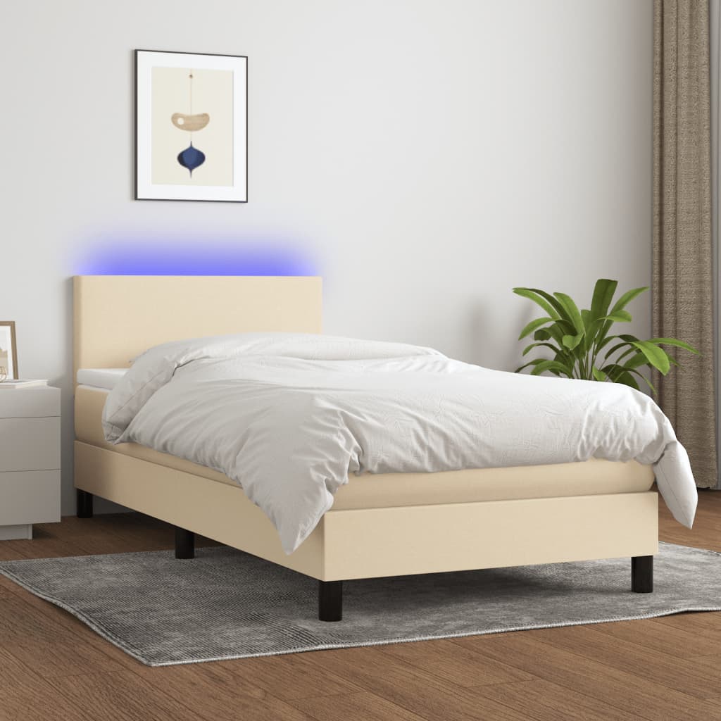 Cama Box Spring Con Colchón Y Led Tela Crema 90x190 Cm / Vetonek_1
