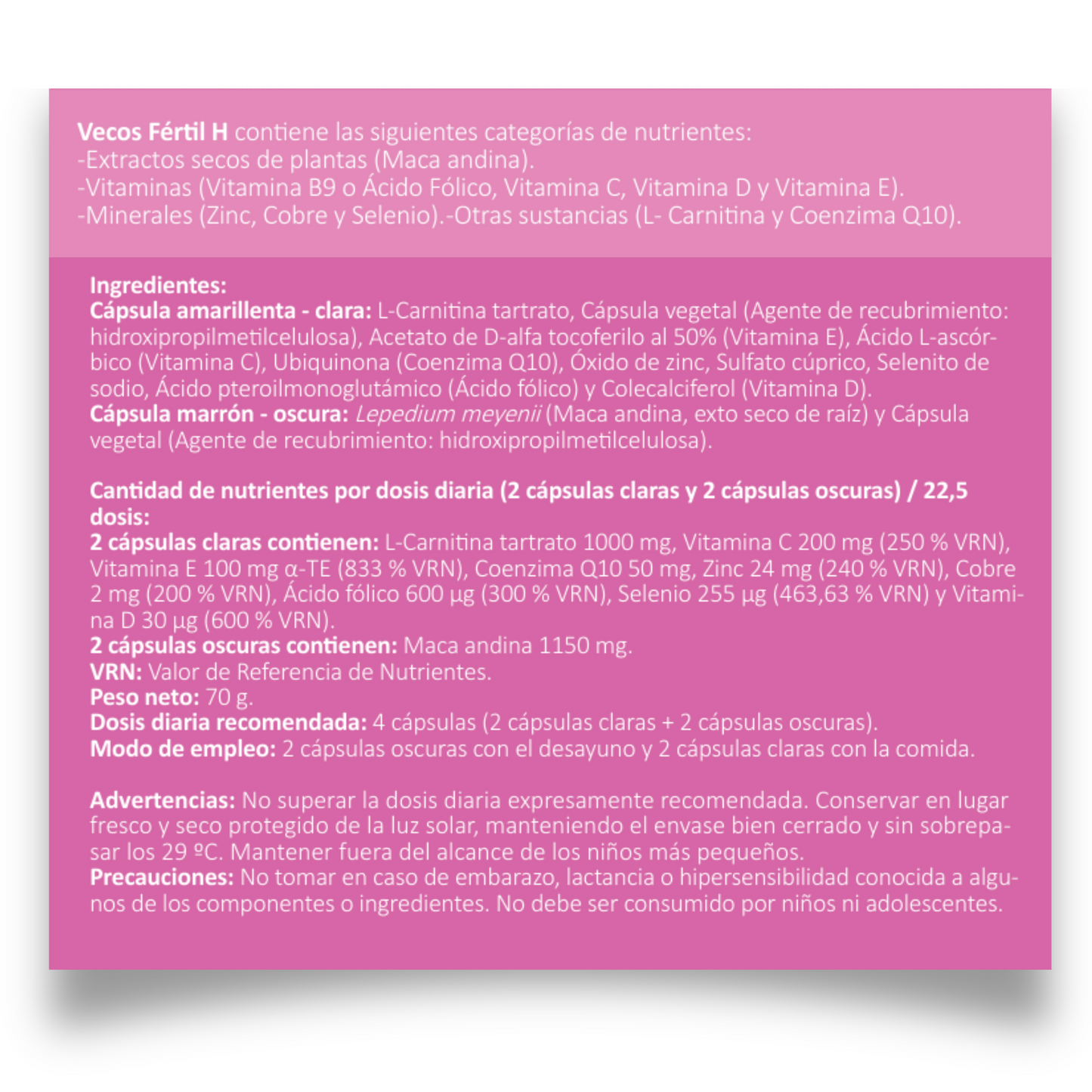 Fértil H VECOS (45+45 cápsulas) | Estimulación de Fertilidad masculina | Zinc + Selenio | Maca andina + L-Carnitina_4