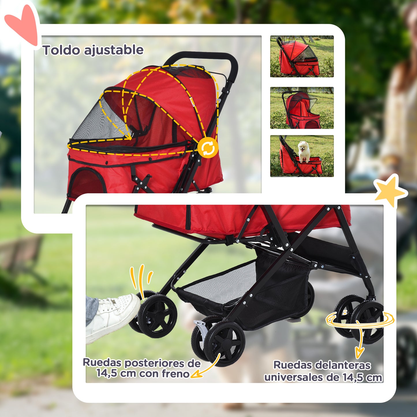 Pawhut Cochecito Para Mascotas Plegable Con Toldo Ajustable 76,5x52x95 Cm Rojo_5