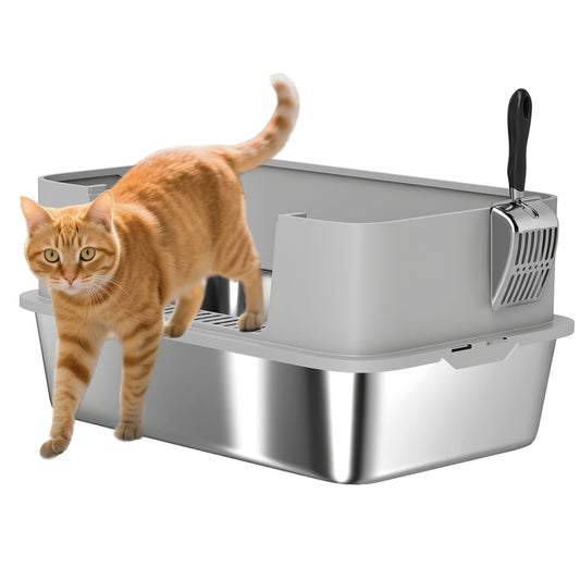 Pawhut Arenero Para Gatos De Acero Inoxidable Xl Borde Alto 60x40x29,5 Cm Gris_0