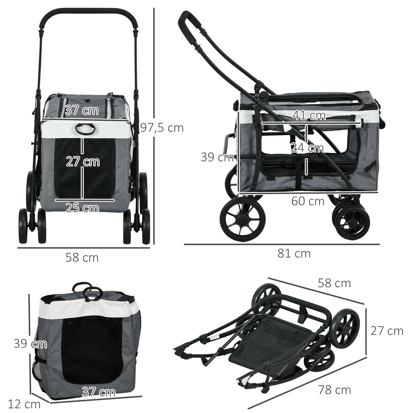 Pawhut Cochecito Para Perros Pequeños Plegable Con Vagón Desmontable Gris_2