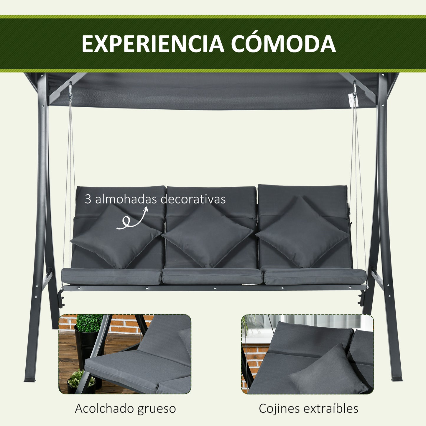 Outsunny Columpio De Jardín De 3 Plazas Con Techo Ajustable 202x115x168 Cm Gris_5