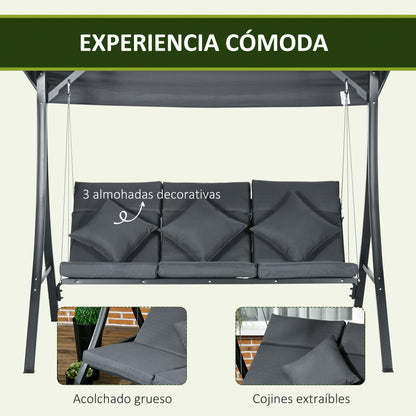 Outsunny Columpio De Jardín De 3 Plazas Con Techo Ajustable 202x115x168 Cm Gris_5
