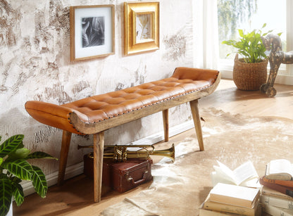 Banco De Cuero Y Madera Maciza 125x50x38 Cm_2