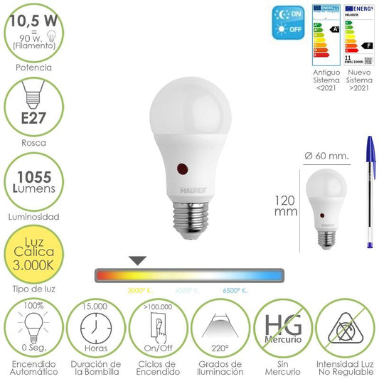 Bombilla Led Esfera Con Sensor Crepuscular. Rosca E27. 10.5 Watt. Equivale A 90 Watt. 1055 Lumenes. Luz Calida 3000º K._0