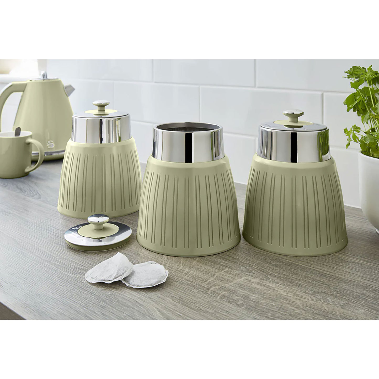 Set 3 Botes Cocina Almacenaje 1,2 L, Plástico Y Acero Inox, Especias, Té ,café, Retro, Vintage Swan Swka1024gn, Verde_1