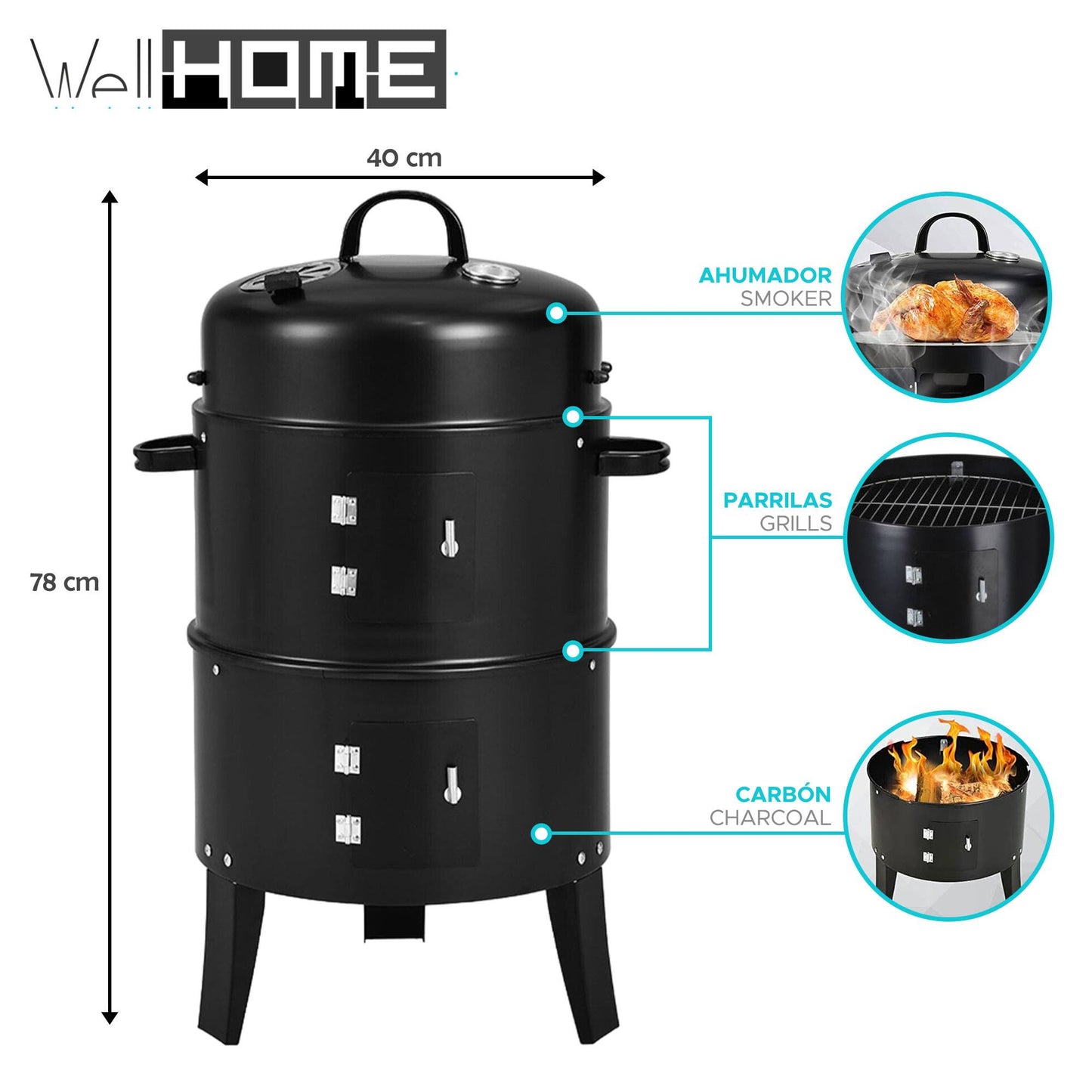 Well Home - Ahumador Bbq Ø40x78cm Con 2 Parrillas Y Termómetro