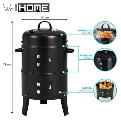 Well Home - Ahumador Bbq Ø40x78cm Con 2 Parrillas Y Termómetro