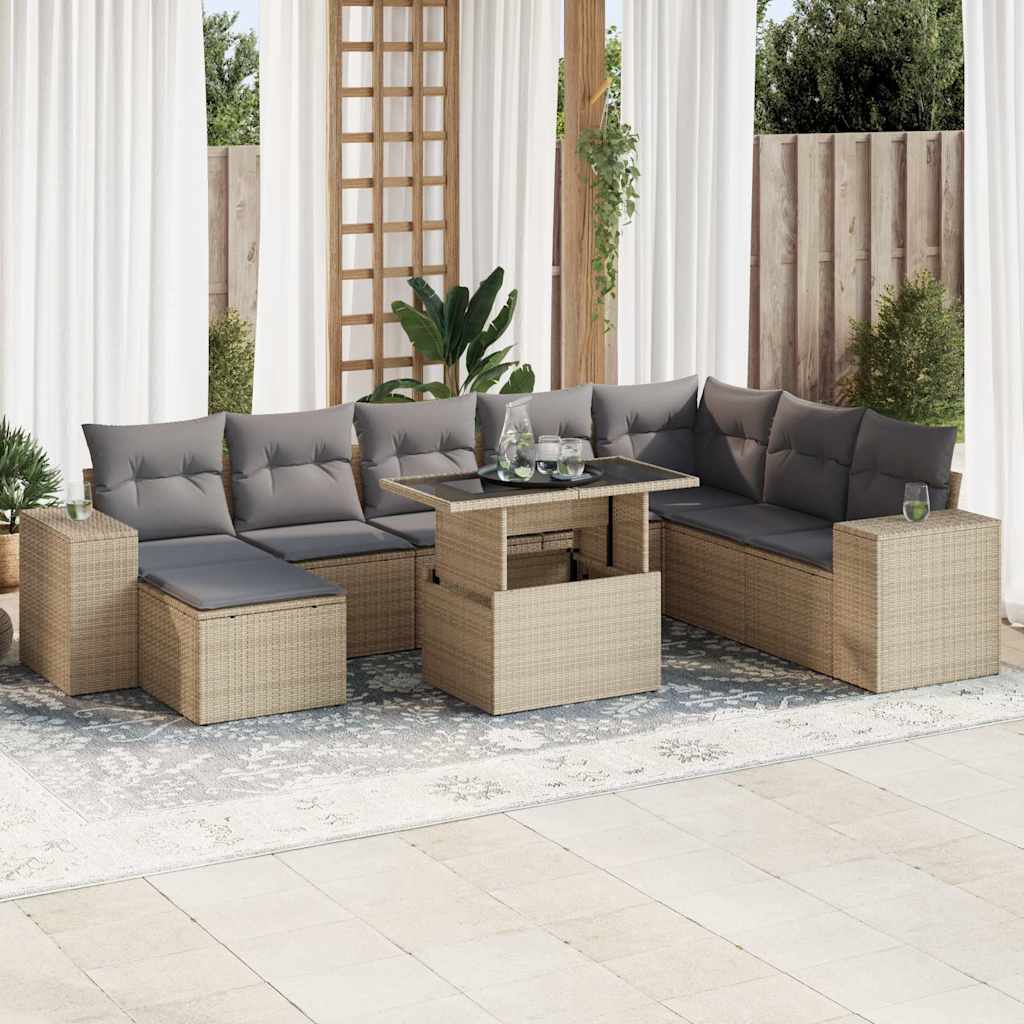 Set De Sofás De Jardín Con Cojines 9 Pzas Ratán Sintético Beige / Vetonek_3