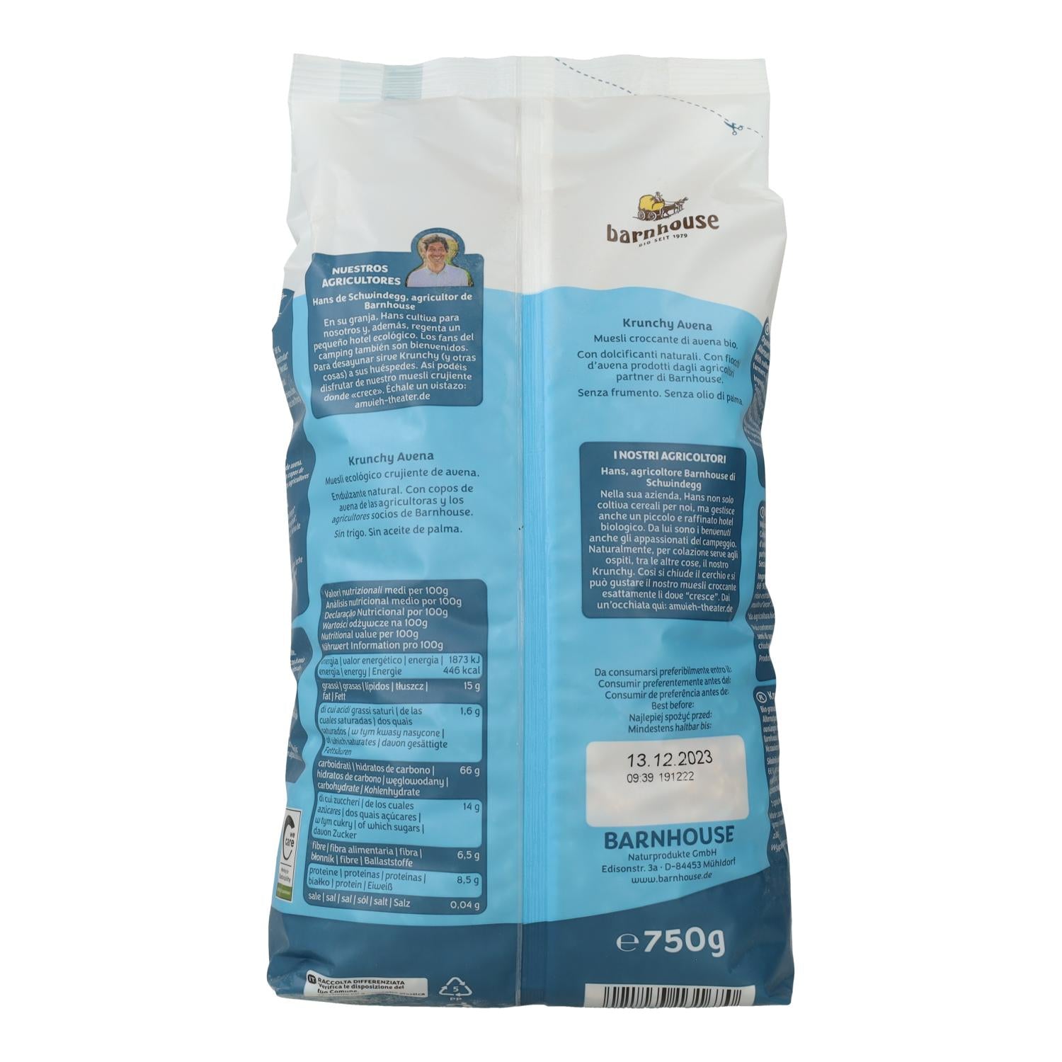 Muesli Krunchy de Avena BIO Barnhouse, 750 gramos