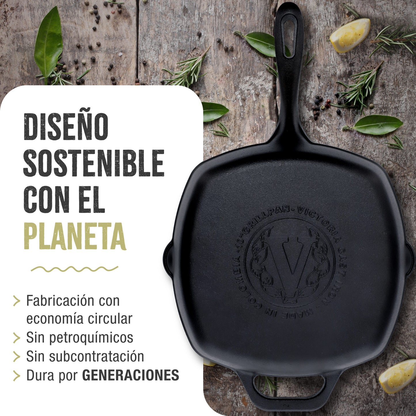 Victoria Sartén Grill Hierro Fundido Curado Inducción 25x25cm, Apta Fuego, Barbacoa, Cast Iron Skillet, 38571, Negro_5