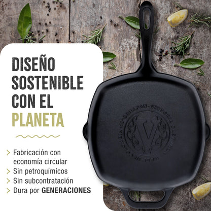 Victoria Sartén Grill Hierro Fundido Curado Inducción 25x25cm, Apta Fuego, Barbacoa, Cast Iron Skillet, 38571, Negro_5