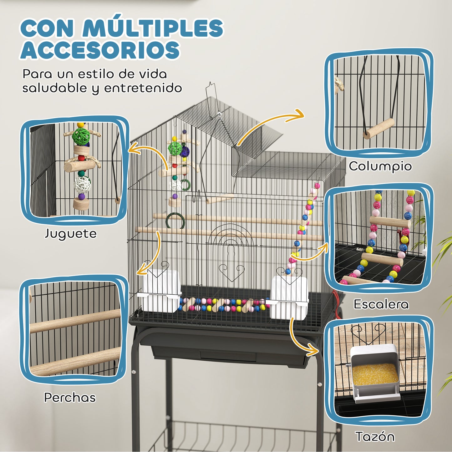 Pawhut Jaula Para Pájaros Con Ruedas Puertas 2 Comederos Columpio 46x36x120cm_3