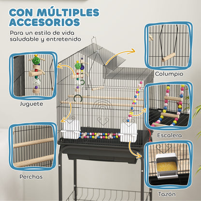 Pawhut Jaula Para Pájaros Con Ruedas Puertas 2 Comederos Columpio 46x36x120cm_3