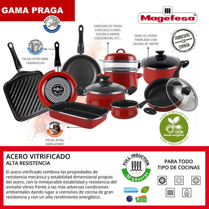 Magefesa Praga Cacerola 20 Con Tapa, Acero Esmaltado Vitrificado, En Granate, Inducción Y Lavavajillas
