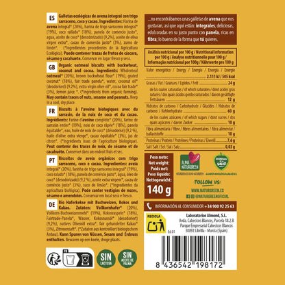 Galleta de Avena Integral con Trigo sarraceno, Coco y Cacao Bio NaturGreen 140 g