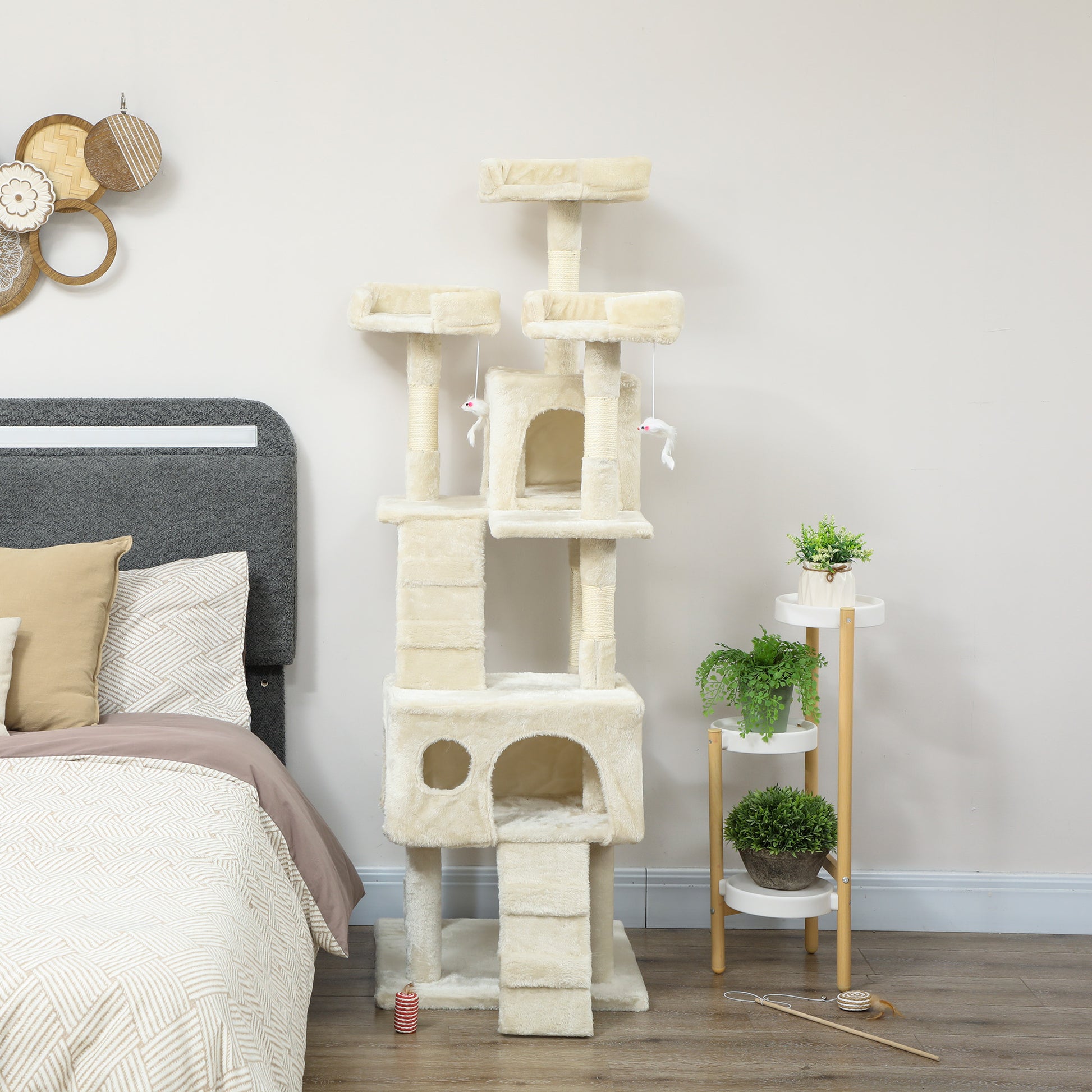 Pawhut Árbol Rascador Para Gatos 153 Cm Con 2 Cuevas 3 Camas 2 Rampas Crema_4